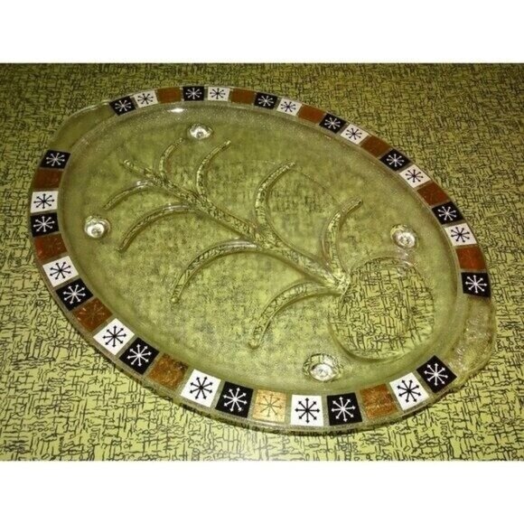 Vintage Inland Glass MCM Clear Meat Platter Atomic Gold Black Starburst tray - Picture 5 of 9